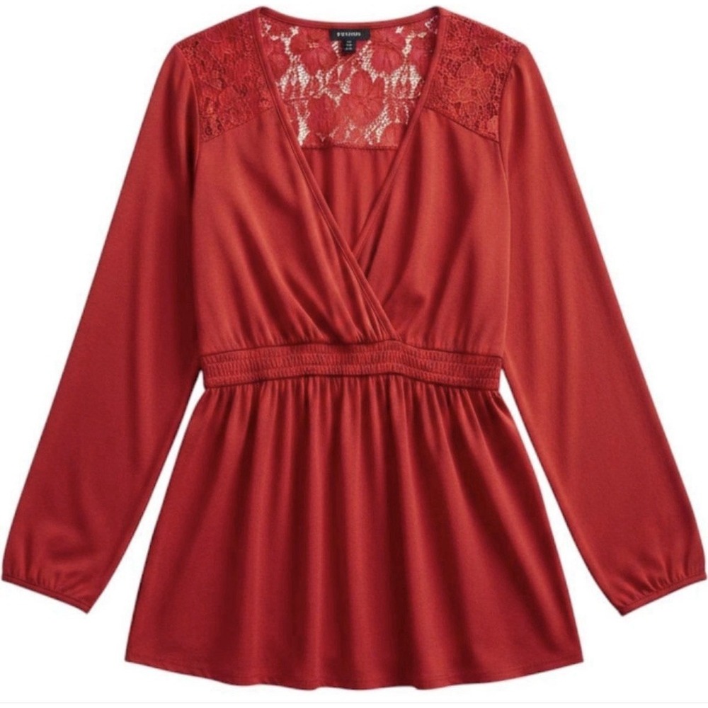 Torrid Babydoll Top Knit VNeck Lace Inset Peasant Red Plus SZ 3X (22-24)
